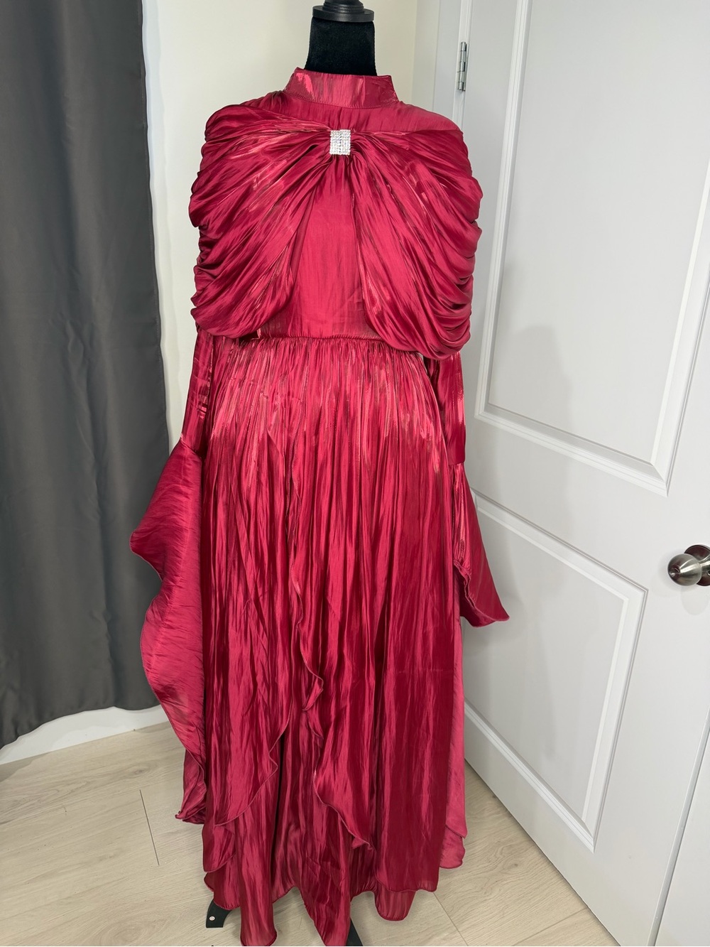 Rich Burgundy Satin Party Dress with Capelet